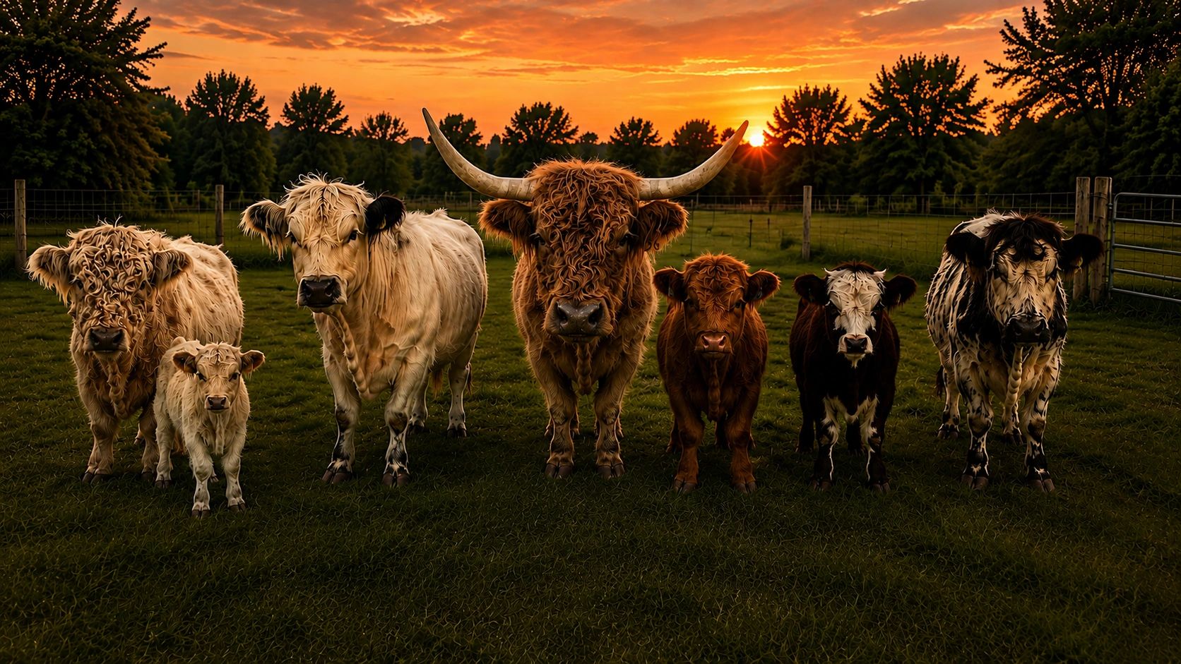 Highland cattle at golden sunset